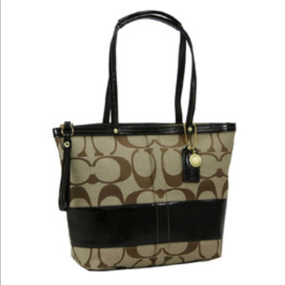VINTAGE COACH STRIPE ZIP TOP TOTE IN SIGNATURE  CANVAS KHAKI/BROWN